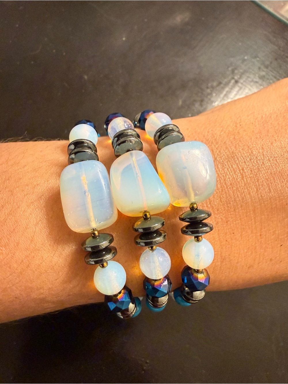 Opalite and Hematite Stretch Bracelet - Opalescent Blue